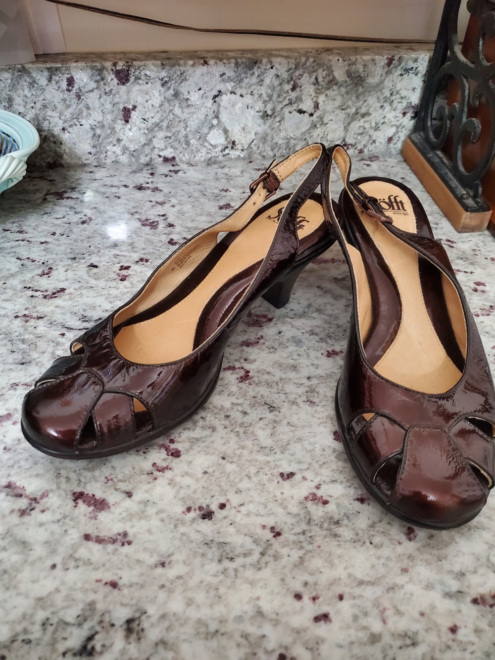 Comfortiva Women's Brown Patent Slingback Peep-Toe Heels